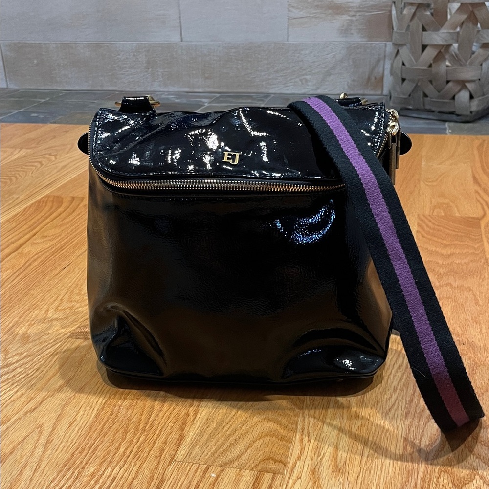 Eric Javits Black Patent Backpack with Purple Strap